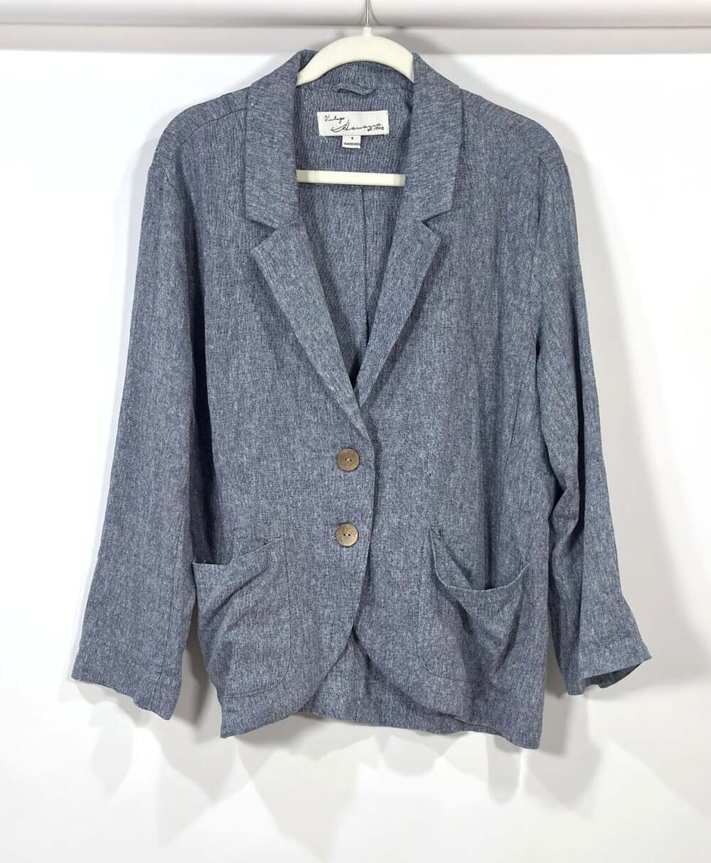 Vintage Havana Linen Blazer Casual Oversized Lagenlook Dusty Blue - Size Small